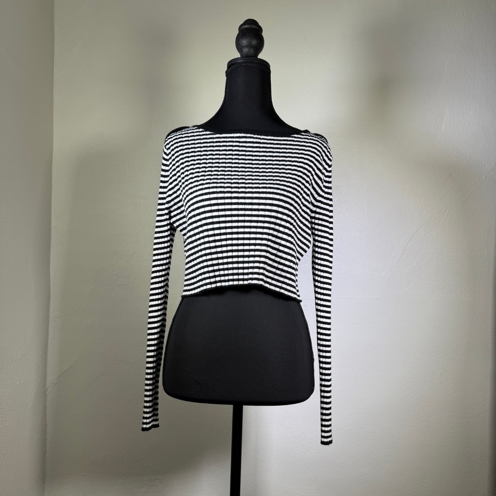Cable & Gauge Sweater Womens XL Black White Striped Crop Lightweight Y2K Grunge